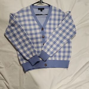 Ann Taylor Blue and White Checkered Cardigan